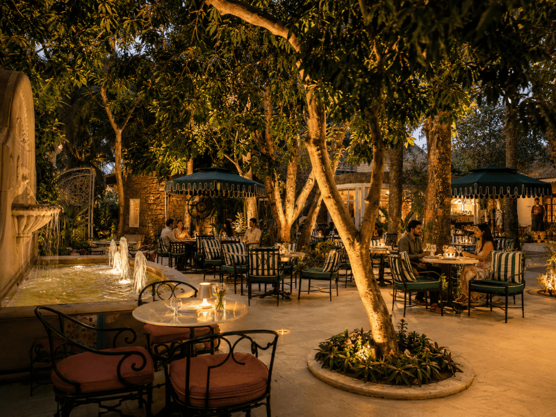 Café Cotinga garden dining under the tamarind trees at night